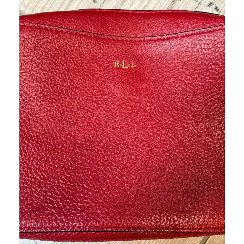Lauren Ralph Lauren Red Pebbled Vegan Leather Camera Crossbody Purse Gold Logo